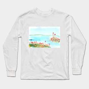 summer, landscape, river, nature, lake, flowers, plants, watercolor, design, art, painting, color Long Sleeve T-Shirt